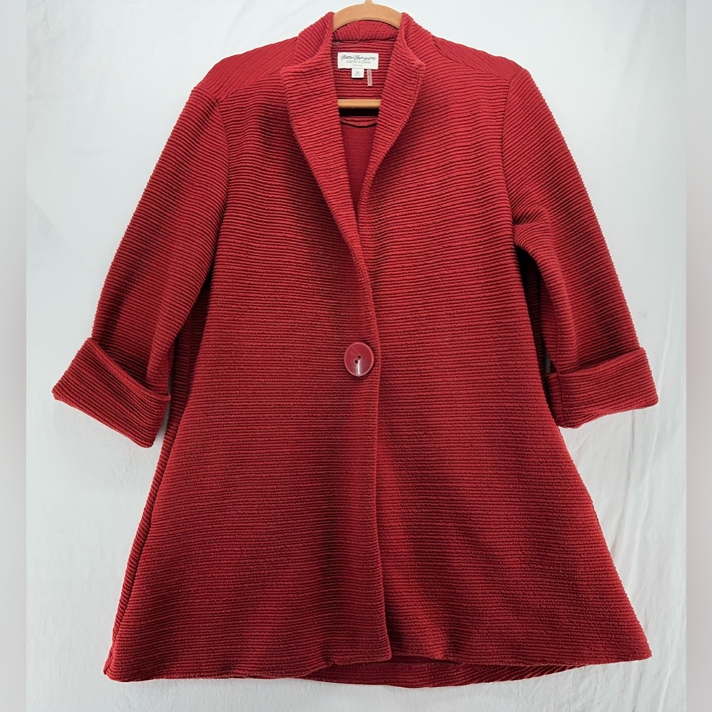 Norm Thompson Jacket Blazer Women M 3/4 Sleeve Orange Rust Snap Mid Length